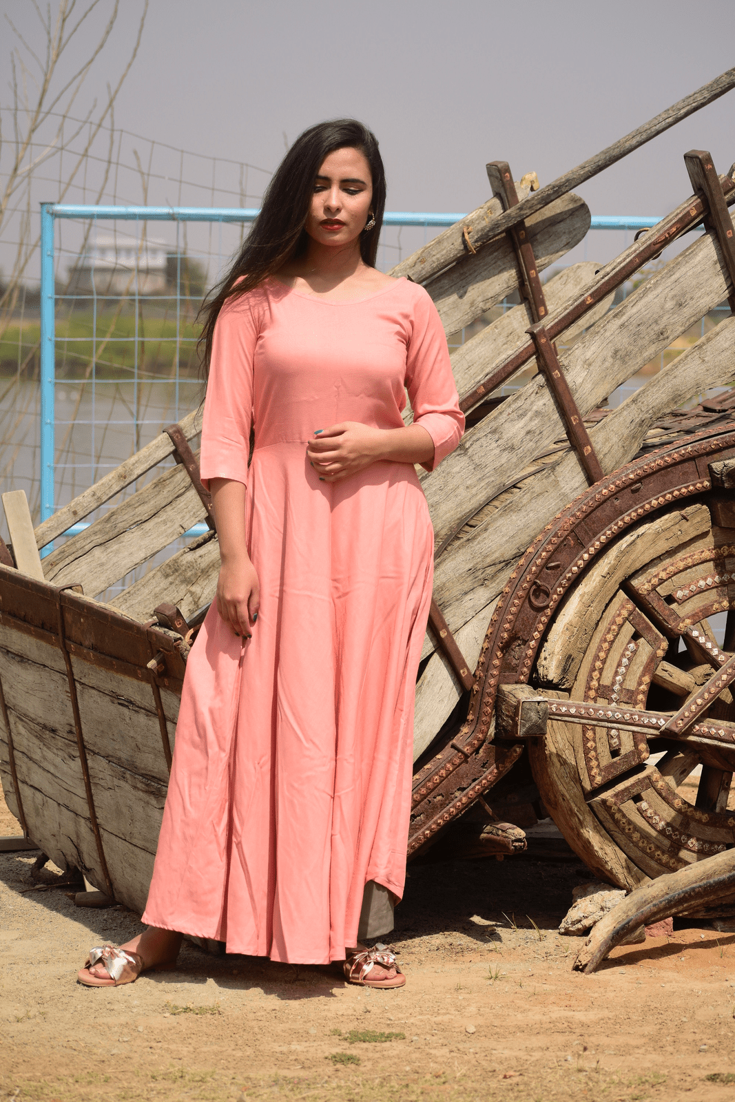 Salmon-Grey Floor Length Kurta Set