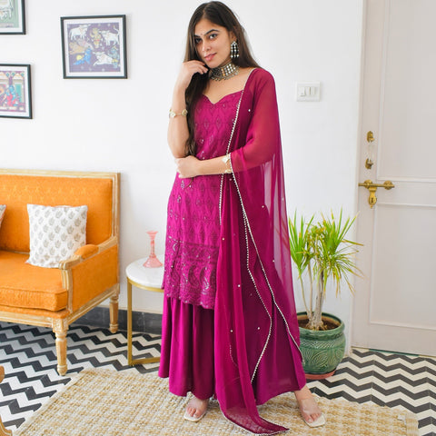 Wine Chikankari Sharara Suit Set