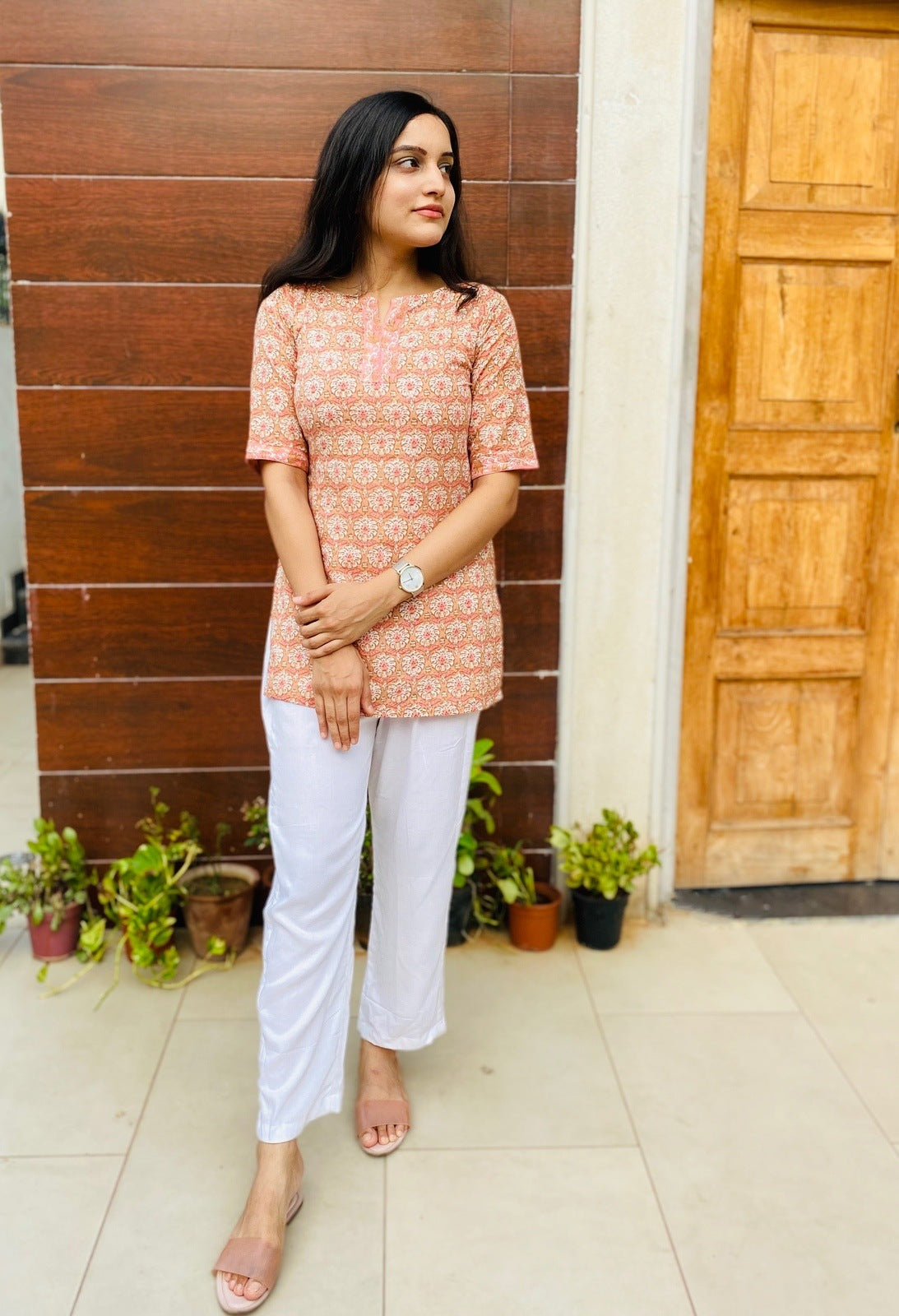 Peach Floral Handblock Kurta Set