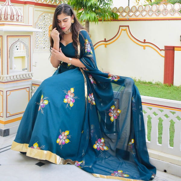Turquoise Handpainted Lehenga Set