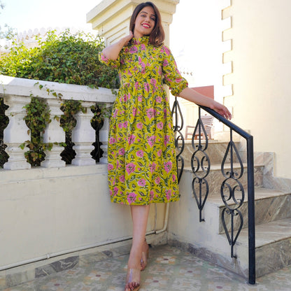 Green Handblock Frill Dress