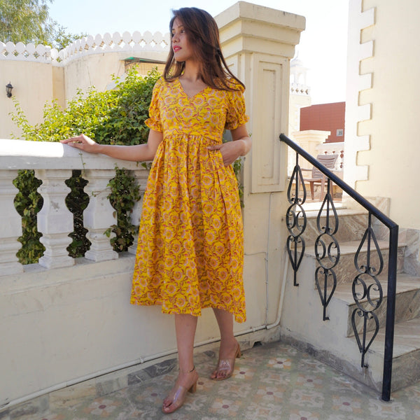 Yellow Block Pleated Dress