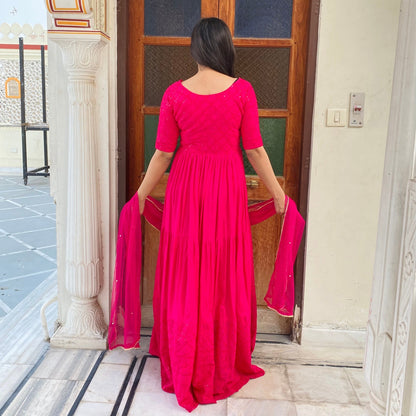 Pink Chikankari Tier Dress With Dupatta