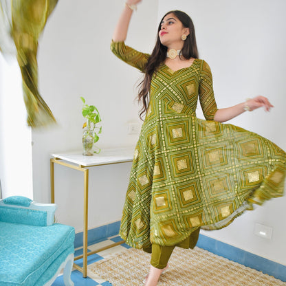 Olive Bhandej Foil Suit Set