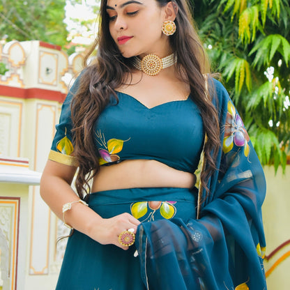 Turquoise Handpainted Lehenga Set