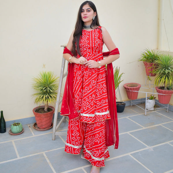 Red Bhandej Sharara Suit Set