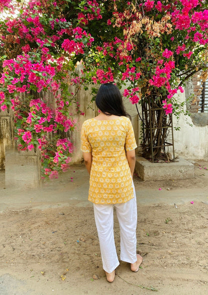 Yellow Handblock Floral Kurti
