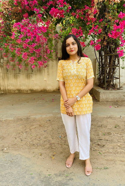 Yellow Handblock Floral Kurta set