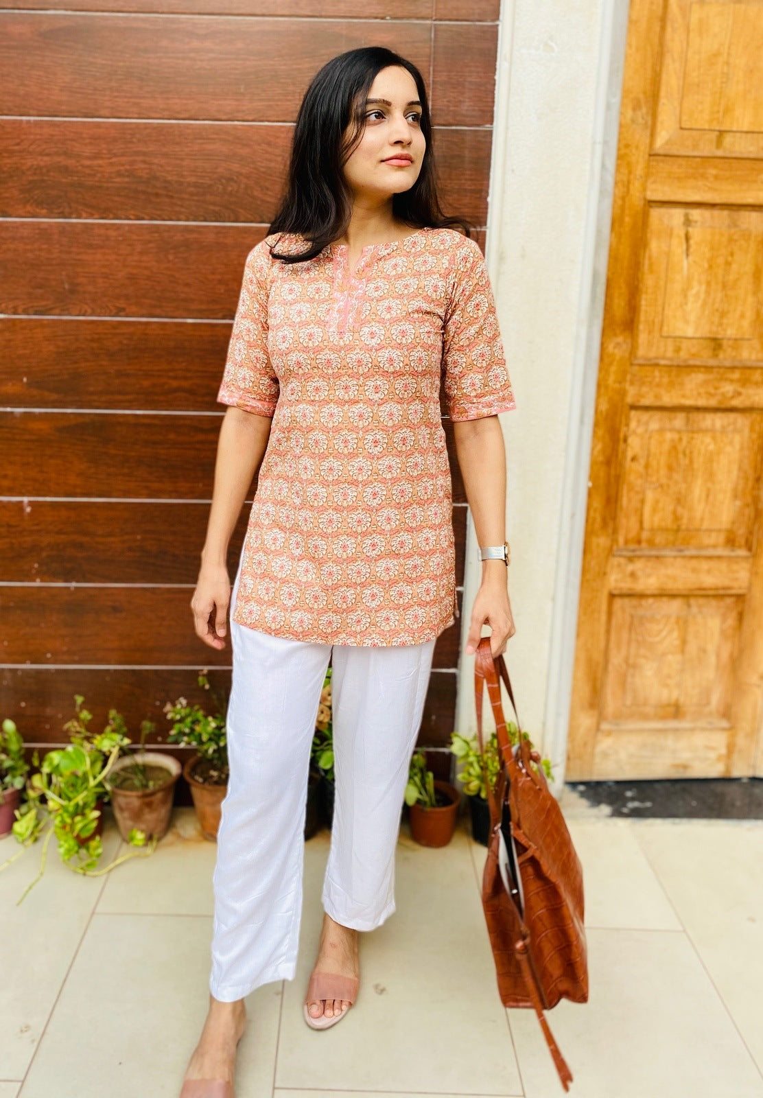 Peach Floral Handblock Kurta Set