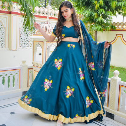 Turquoise Handpainted Lehenga Set