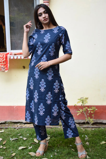Dark Blue Handblock Kurta Set