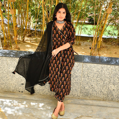 Black Handblock Angrakha Suit Set