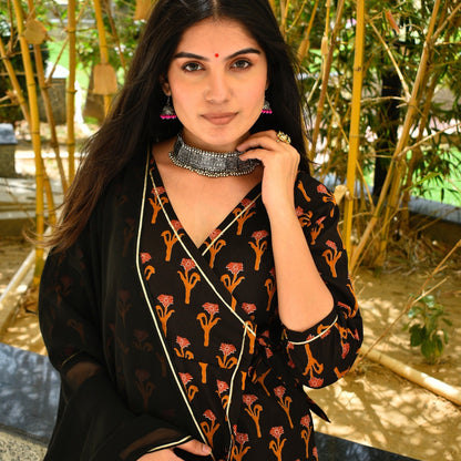 Black Handblock Angrakha Suit Set