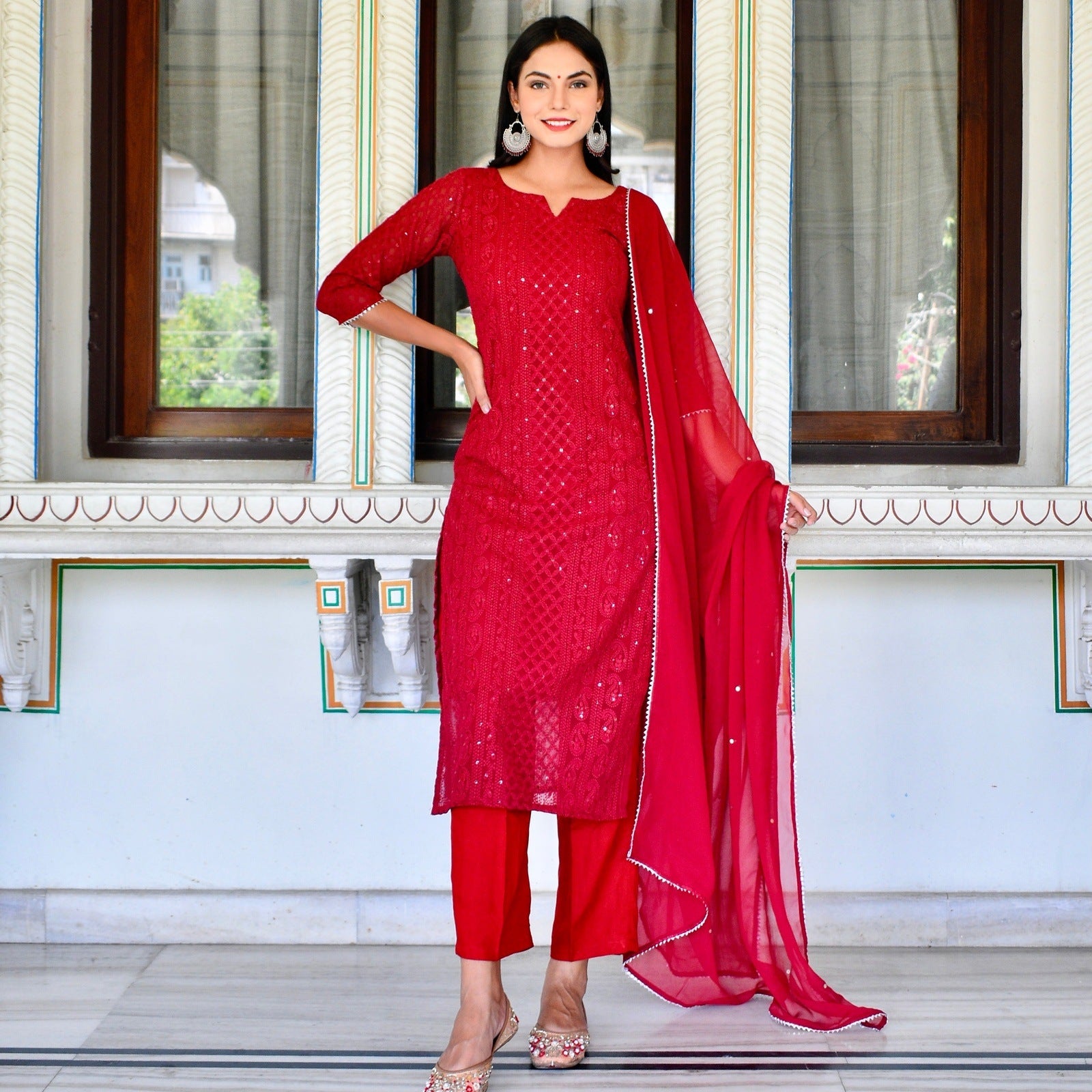 Red Lucknowi Chikankari Embroidered Work Georgette Anarkali Salwar Sui –  garment villa