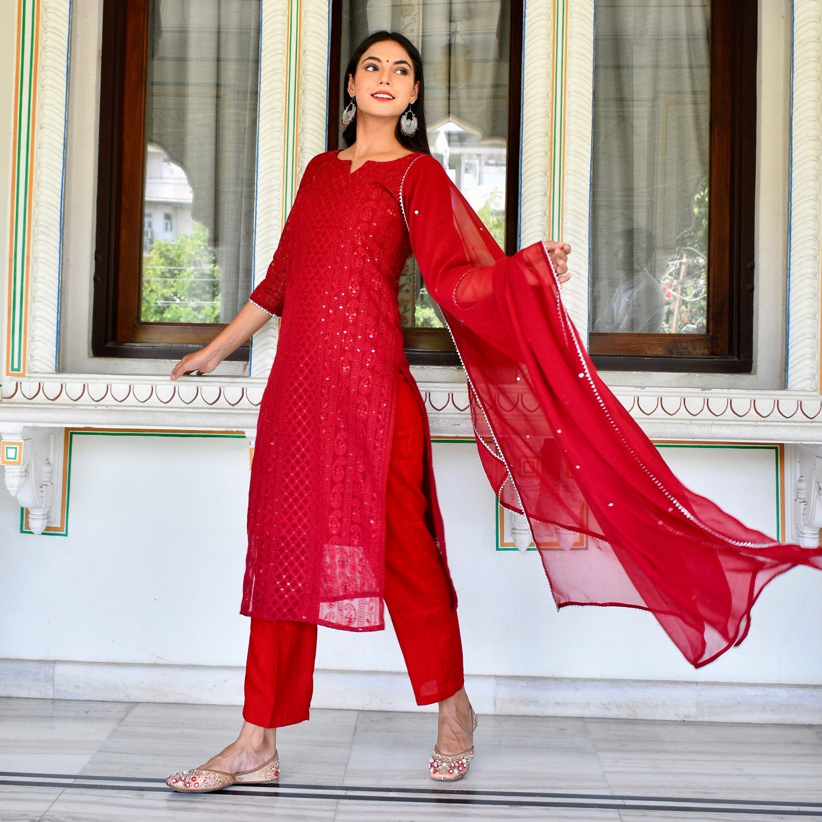 Buy Red Chikankari Anarkali Set online in India at Best Price | Aachho