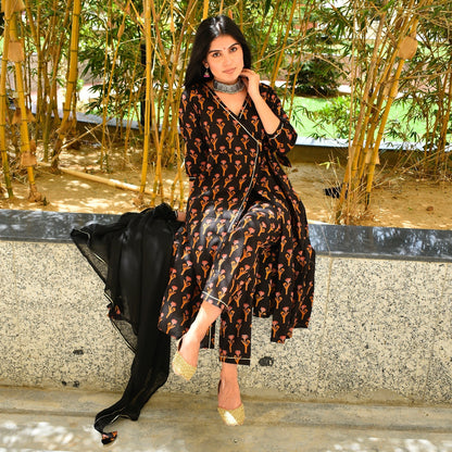 Black Handblock Angrakha Suit Set