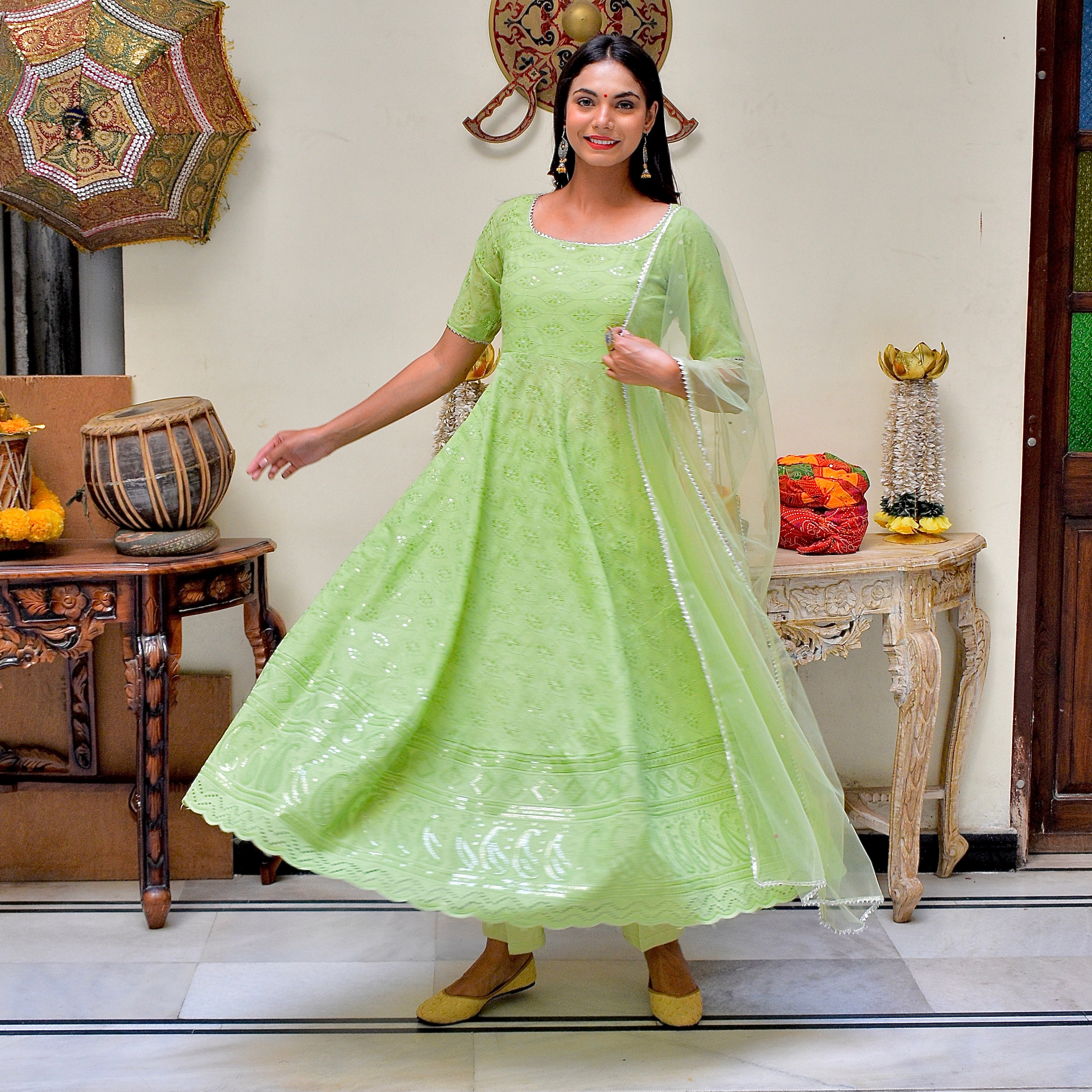 Lucknowi Chikankari Pure Cotton Pista Color Salwar Suit