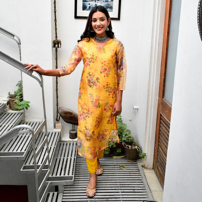 Mustard Floral Kurta Set