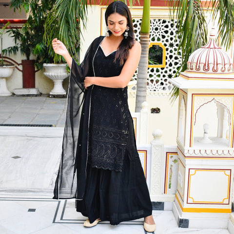 Black Chikankari Sharara Suit Set