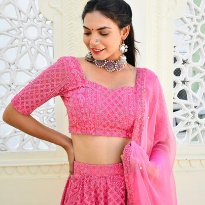 Pink Chikankari Lehenga Set