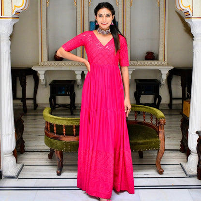 Pink Chikankari Tier Dress