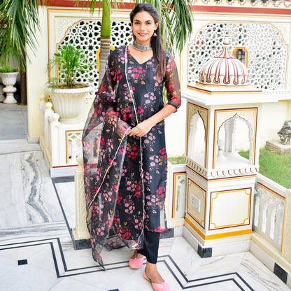Black Floral Organza Suit Set