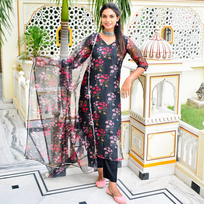 Black Floral Organza Suit Set