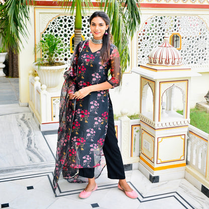 Black Floral Organza Suit Set