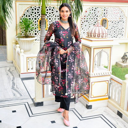 Black Floral Organza Suit Set