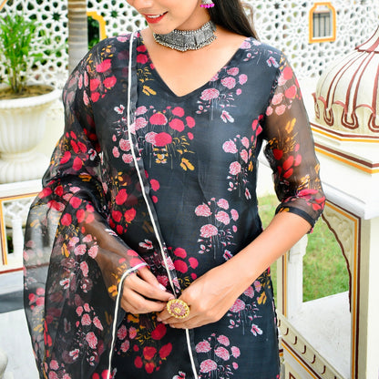 Black Floral Organza Suit Set