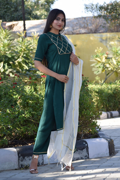 Bottle Green Yoke Design Suit Set