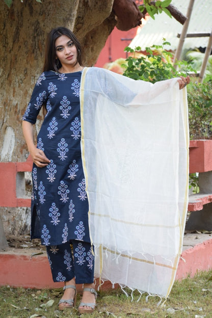 Dark Blue Handblock Suit Set