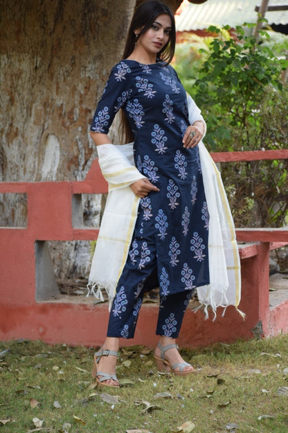 Dark Blue Handblock Suit Set