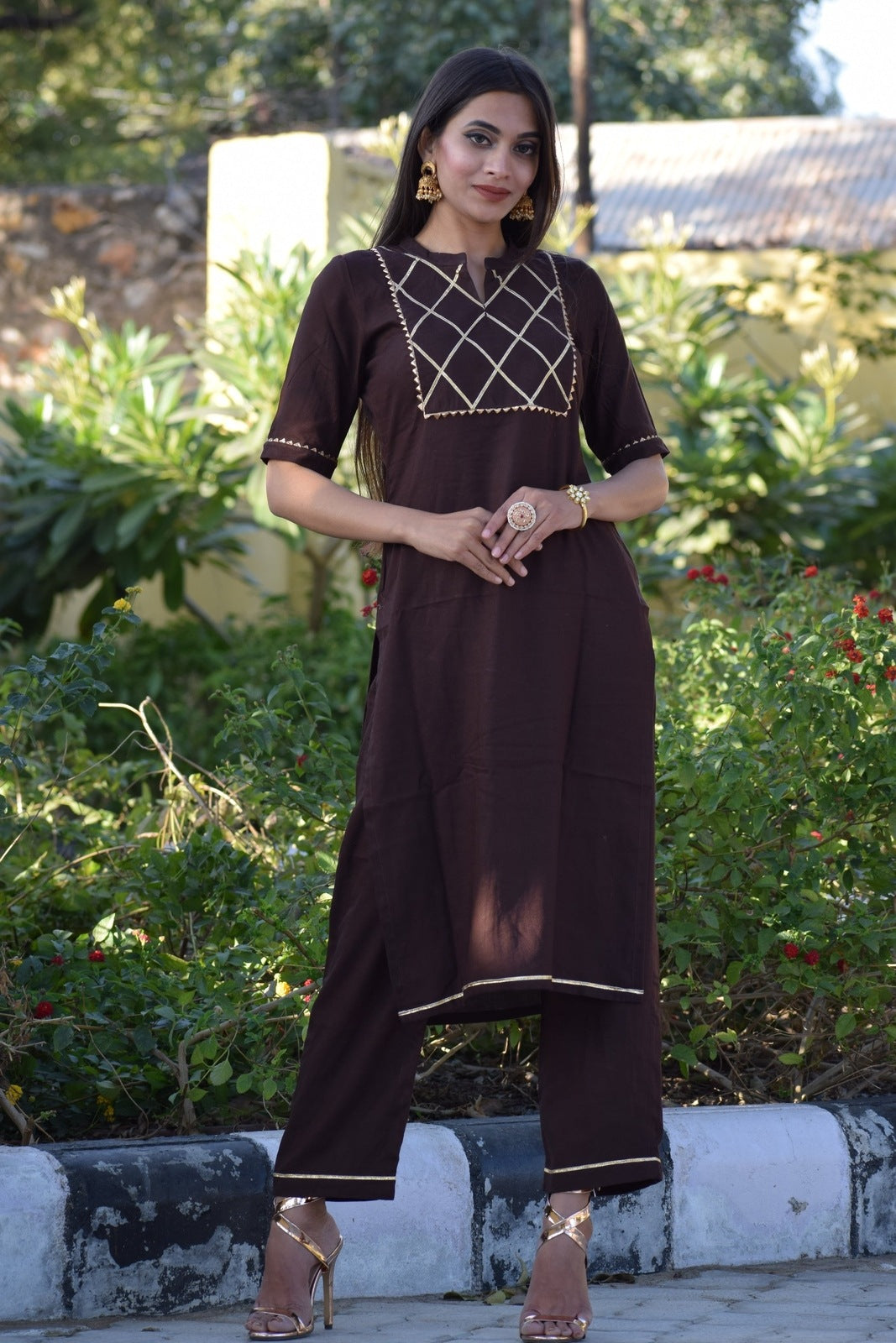 Umber Yoke Design Kurta Set