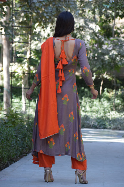 Grey Orange Printed Suit Set