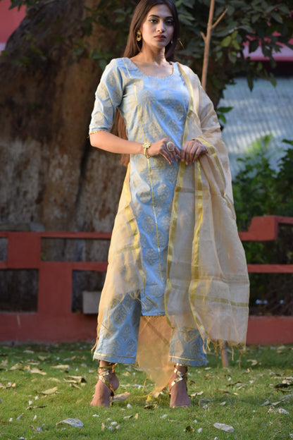 Powder Blue-Gold Handblock Suit Set