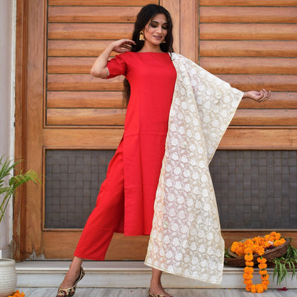 Red Solid Rose Suit Set