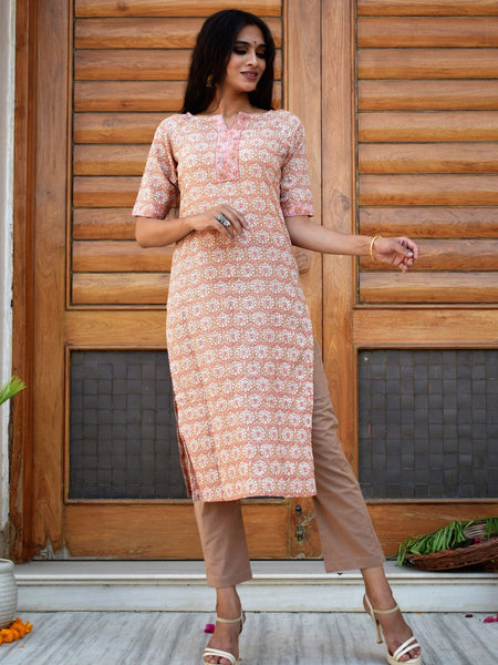 Peach Handblock Kurta Set