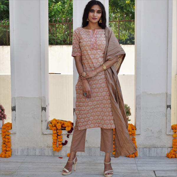 Peach Pure Handblock Suit Set