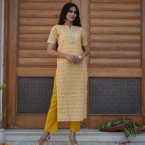 Yellow Handblock Kurta Set
