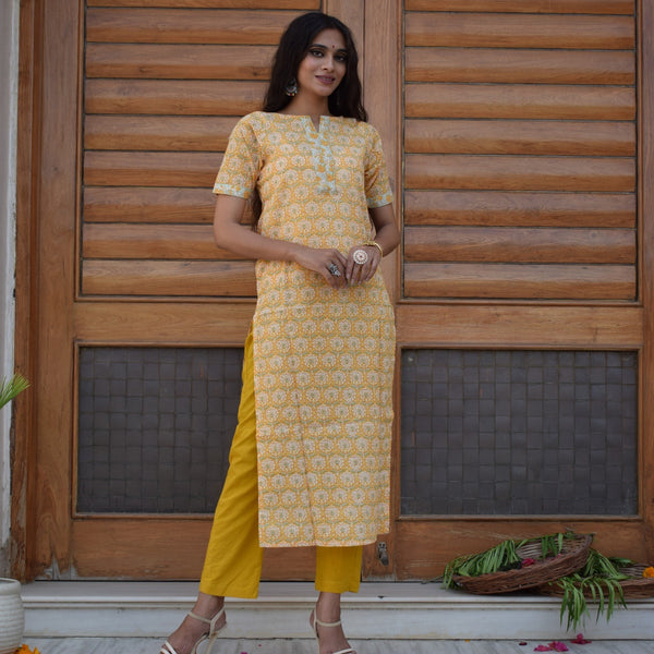 Yellow Handblock Kurta Set
