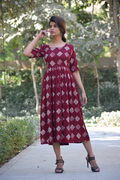 Maroon Printed Pocket Dress