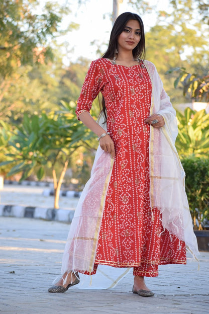 Red Bhandej Suit Set With Chanderi Dupatta