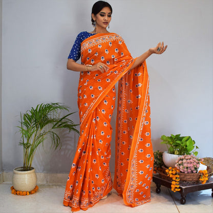 Orange Printed Cotton Saree
