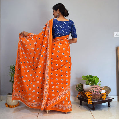 Orange Printed Cotton Saree