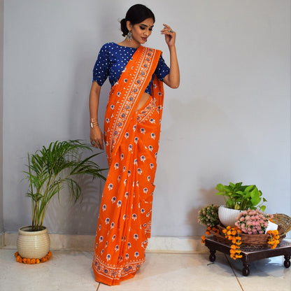 Orange Printed Cotton Saree