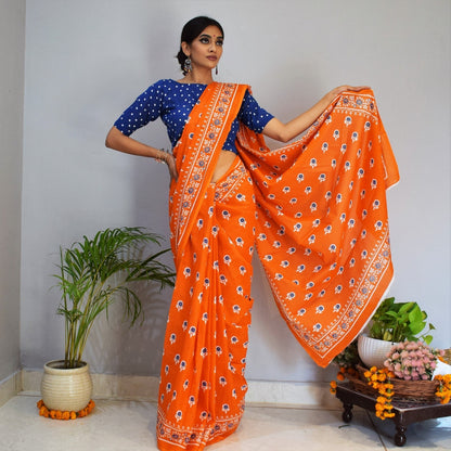 Orange Printed Cotton Saree