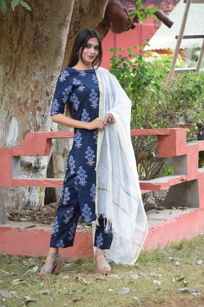 Dark Blue Handblock Suit Set