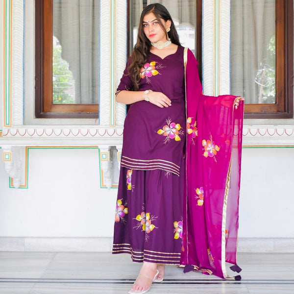 Wine Handpainted Sharara Suit Set
