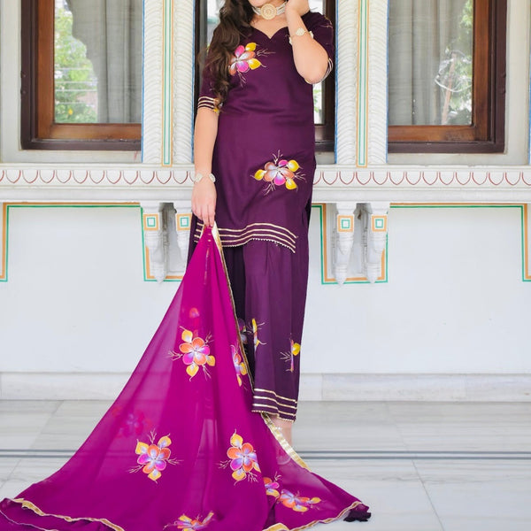 Wine Handpainted Sharara Suit Set